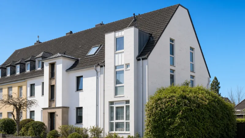 Fassadenausschnitt des weißen Praxisgebäudes Krefelder Str. 79a unter blauem Himmel