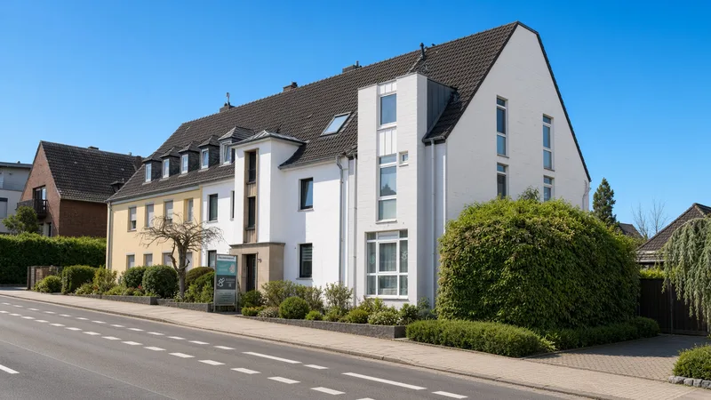 Praxisgebäude Krefelder Str. 79a – Straßenansicht Straßenansicht der Krefelder Straße mit dem weißen Praxisgebäude und Vorgarten